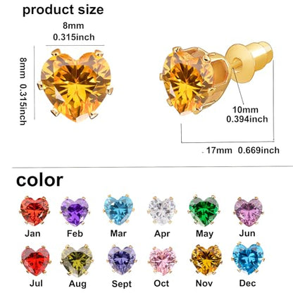 8mm Heart-Cut Birthstone Stud Earrings for Women – 18K Gold Plated Hypoallergenic Cubic Zirconia Earrings, Nickel Free, 12 Months Colors, Everyday Jewelry, Gift for Her, Bridal, Birthday, Christmas - color: 11 Nov golden