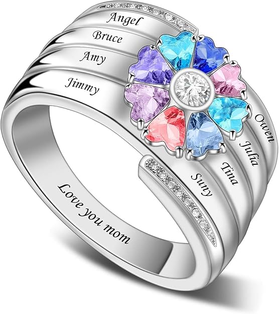 Custom Multi-Stone Family Ring 925 Sterling Silver/10K/14K/18K Gold Colored Personalized (2-8 stones) Birthstone Engraved Ring for Women Mom Wife Jewelry Gifts - style: Eight Stone
