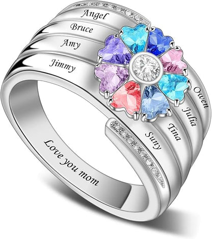 Custom Multi-Stone Family Ring 925 Sterling Silver/10K/14K/18K Gold Colored Personalized (2-8 stones) Birthstone Engraved Ring for Women Mom Wife Jewelry Gifts - style: Eight Stone