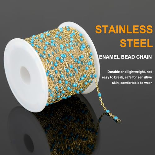 KYUNHOO 16.4 Feet Light Blue Beaded Chain Spool for Jewelry Making Supplies | Gold Plated Stainless Steel Jewelry Making Chains Bulk with Lobster Clasps Jump Rings for Jewelry Crafts DIY - color: Gold-Blue-2mm