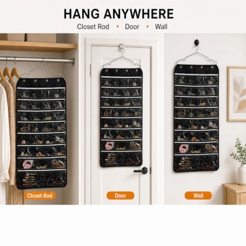 56 Pockets Large Zippered Dual Sided Jewelry Hanging Organizer Necklace Earrings Bracelets Rings Accessories Storage Bag Wall Mounted Door Cabinet Hanger Holder Clear Pouch Display Foldable