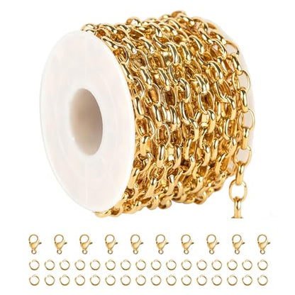 UMAOKANG 16.4 Feet Stainless Steel Oval Chain Gold Plated Chains Bulk with Jump Rings and Lobster Clasps Jewelry Chain Roll - color: Gold Rolo