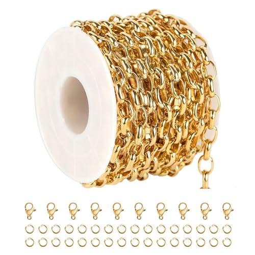 UMAOKANG 16.4 Feet Stainless Steel Oval Chain Gold Plated Chains Bulk with Jump Rings and Lobster Clasps Jewelry Chain Roll - color: Gold Rolo