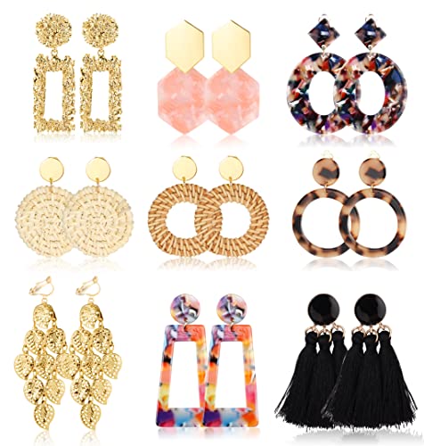 9Pairs Clip on Drop Earrings for Women Statement Rattan Resin Acrylic Tassel Drop Dangle Earrings Lightweight Geometric Hoop Non Piercing Earrings-style