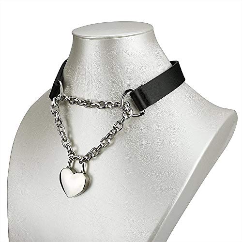 Goth Choker Necklaces for Women, Black Choker and Heart Padlock Day Collar with Key, Black PU Leather Choker Collar for Women