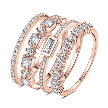 JewelryPalace Princess Emerald Cut CZ Stackable Wedding Ring Eternity Bands for Women, Cubic Zirconia 925 Sterling Silver 14k Yellow Rose Gold Plated Promise Ring for Her, 4pc Anniversary Ring Sets - color: F-4Pcs-Rose Gold Plated