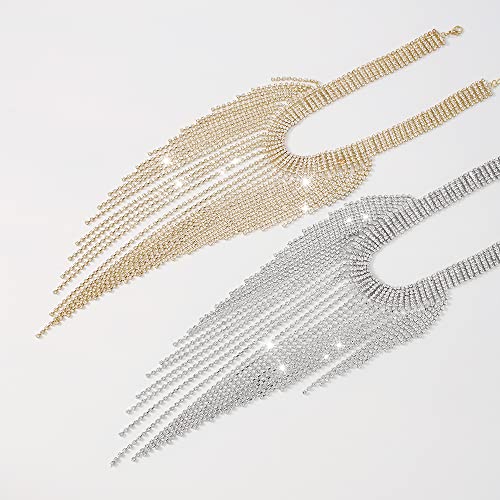 Aomcisi Fashion Women Sexy Rhinestone Bib Choker Necklace Tassel Long Chain Necklace - color: Gold