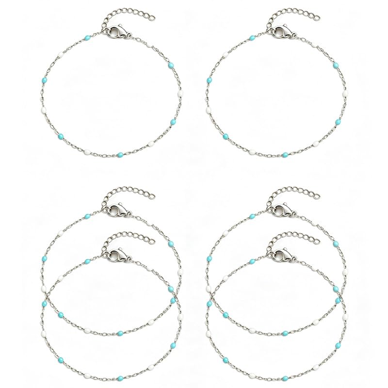 6 PCS Enamel Beaded Chains Bracelet Stainless Steel Link Bracelets | 6.7"+1.18", With Extender Chain, Fashion Jewelry Set, Gift For Women, Colorful, No Fade - color: Light Blue White Silver