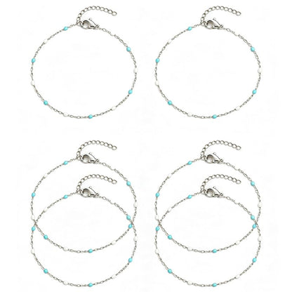 6 PCS Enamel Beaded Chains Bracelet Stainless Steel Link Bracelets | 6.7"+1.18", With Extender Chain, Fashion Jewelry Set, Gift For Women, Colorful, No Fade - color: Light Blue White Silver
