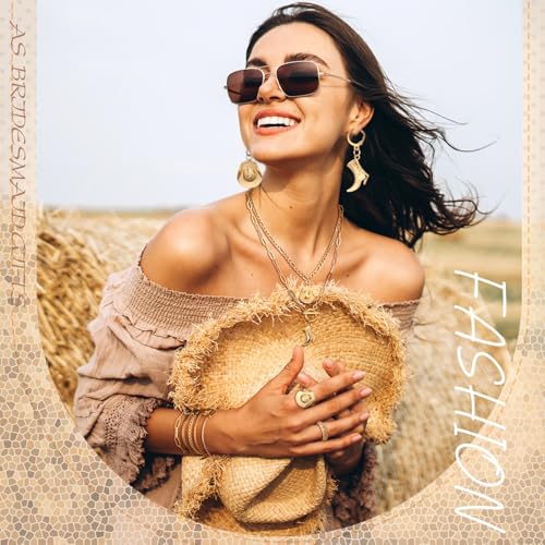 Ecally Bohemian Western Jewelry Turquoise Set Women Country Pendant Long Choker Layered Bracelets Earrings Ring for Women - color: Gold, style: Western