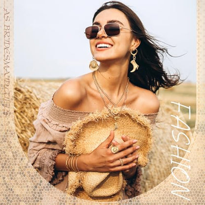 Ecally Bohemian Western Jewelry Turquoise Set Women Country Pendant Long Choker Layered Bracelets Earrings Ring for Women - color: Gold, style: Western