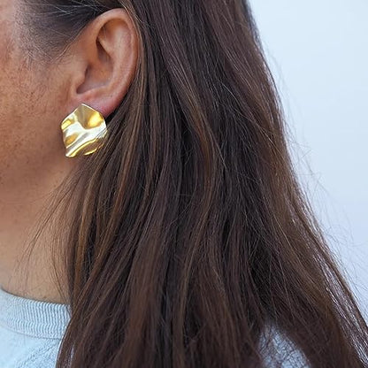 Geometric Rectangle Gold Plated Stud Earrings Irregular Hammered Chunky Statement Square Earrings for Women Trendy - color: Gold Round