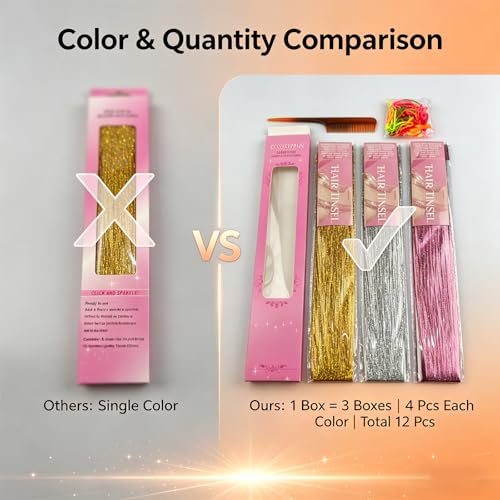 CELINABELLA Clip In Hair Tinsel 12 Pack 3 Colors 4 Pcs Each Mixed Gold Silver Fuchsia 23 Inch 70 Strands Heat Resistant 320°F Invisible Clips For Women Teens Wedding Party Prom Birthday - color: Gold-Silver-Pink
