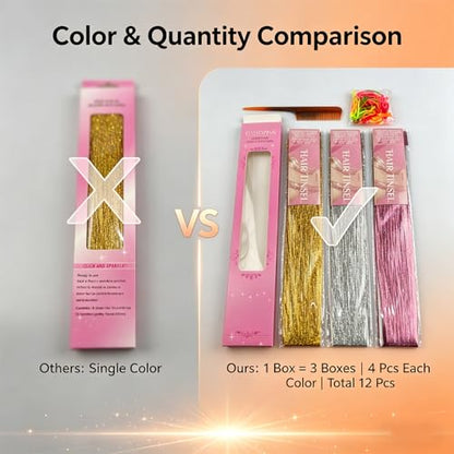 CELINABELLA Clip In Hair Tinsel 12 Pack 3 Colors 4 Pcs Each Mixed Gold Silver Fuchsia 23 Inch 70 Strands Heat Resistant 320°F Invisible Clips For Women Teens Wedding Party Prom Birthday - color: Gold-Silver-Pink