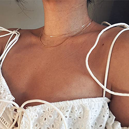 Herringbone Choker Necklace Set Double Layer Snake Chain Herringbone Chain Necklace Layering Necklace Set Cuban Chain Necklace for Women - style: 1.5mm Snake+ Ochain-GD