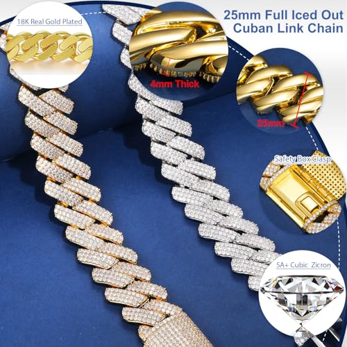 Ucciyo 30MM/25MM Cuban Link Chain for Men, Luxury Iced Out Diamond Chain | Luxurious Diamond-Simulated, Large Miami Cuban Style, 18K Gold Plated - color: 25MM-Gold, size: 22 Inch