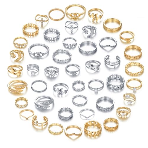 Golden Silvery Knuckle Rings Set for Women, Stackable Rings Bohemian Crystal Hollow Carved Flowers Joint Finger Rings Pack Fashion Jewelry Gifts for Birthday - color: 46 PCS-2