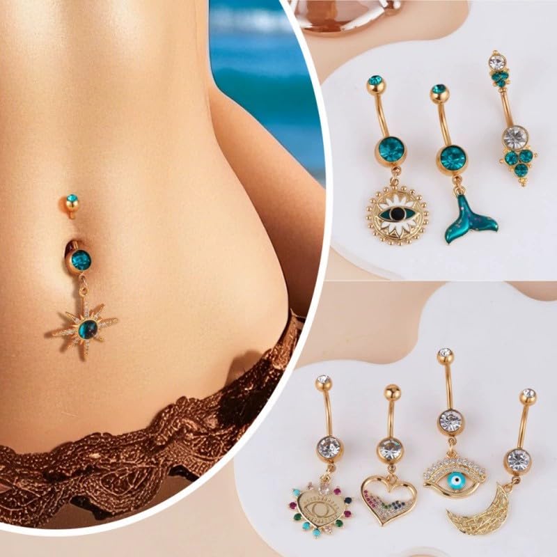 14G Blue CZ Evil Eye Sun Heart Dangle Belly Button Rings for Women 14K Gold Plated Surgical Steel Belly Navel Barbell Enamel Starry Sky Colorful Crystal Dangling Navel Rings Belly Piercing Jewelry - style: Style7