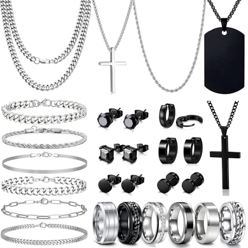 GIFIKOI 30Pcs Jewelry Set for Men Stainless Steel Band Ring Cuban Link Chain Necklace and Bracelet Cross Dog Tag Pendant Necklace Hoop Stud Black Earrings Mens Fashion Jewelry Set