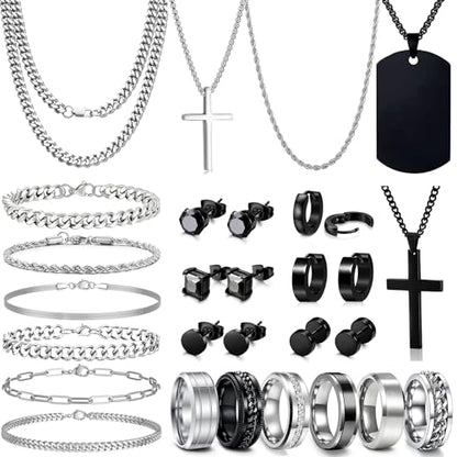 GIFIKOI 30Pcs Jewelry Set for Men Stainless Steel Band Ring Cuban Link Chain Necklace and Bracelet Cross Dog Tag Pendant Necklace Hoop Stud Black Earrings Mens Fashion Jewelry Set