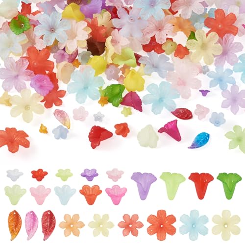 230Pcs Frosted Flower Beads Caps Leaf Acrylic Beads Kit Bell Trumpet Floral Bead Caps Bead Charms Flower Jewelry for DIY Handmade Crafts Jewelry Making Supplies - color: Mixed Flowers