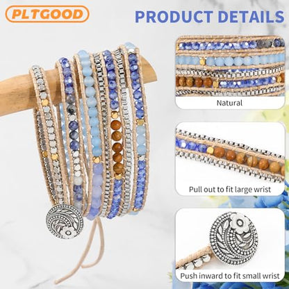 Boho 5 Wrap Bead Bracelet for Men Women - Handmade Adjustable Natural Chakras Stone Crystal Beaded Bracelets Cuff Rope Yoga Healing Bracelet Bangle Hippie Jewelry - color: Blue