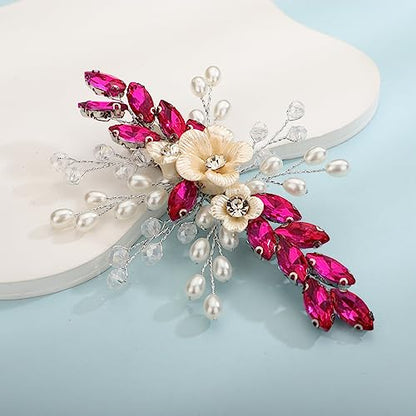 Xerling Rose Red Rhinestones Crystal Flower Hair Barrettes Clip Boho Bridal Pearl Hair Jewelry Accessories for Women Wedding Floral Headpieces (Rose Red) - color: Rose Red