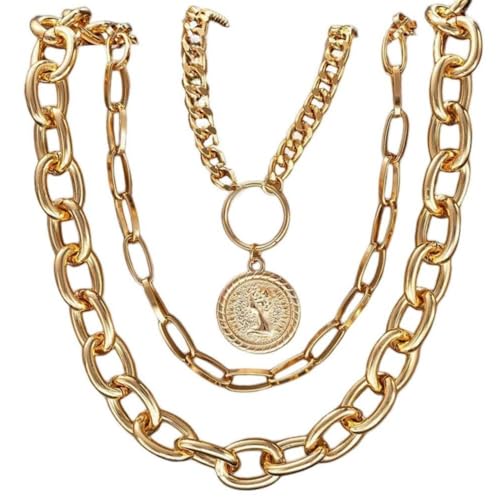 Layered Necklace Set Women - Cuban Paperclip Coin Pendant Silver | 3 pcs chunky stackable set, Trendy toggle clasp, Mixed link texture, Coin charm detail, Perfect layered jewelry gift - color: Gold