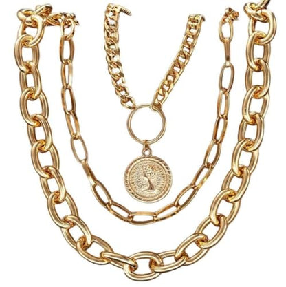 Layered Necklace Set Women - Cuban Paperclip Coin Pendant Silver | 3 pcs chunky stackable set, Trendy toggle clasp, Mixed link texture, Coin charm detail, Perfect layered jewelry gift - color: Gold