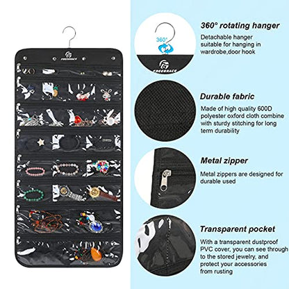 Hanging Jewelry Organizer with 50 Transparent Pockets, 360° Rotating Hanger & Secure Zipper Closure - Foldable Double Sided Jewelry Storage Bag for Earrings, Rings, Necklaces, Bracelets (Black)