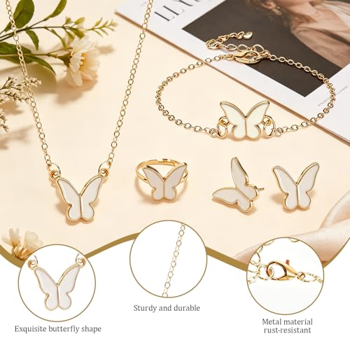 Butterfly Jewelry Set, Including Butterfly Necklace, Bracelet, Stud Earrings, and Adjustable Ring for Women - color: White