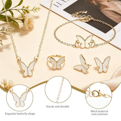 Butterfly Jewelry Set, Including Butterfly Necklace, Bracelet, Stud Earrings, and Adjustable Ring for Women - color: White