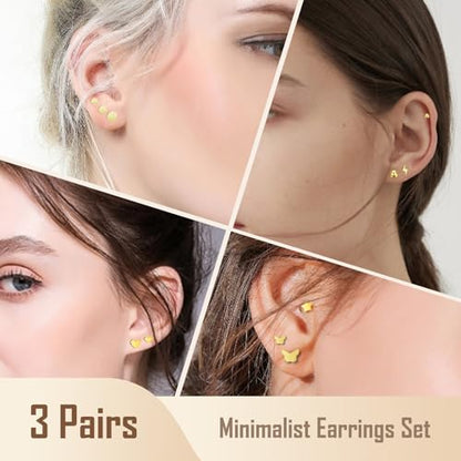 Screw on Earring Backs for Women,Hypoallergenic Surgical Steel Stud Earrings Ball Star Circle Simple Geometric Cartilage Helix Flat Back Piercing Earrings - color: 3Pairs,Gold,Heart(3-5mm)
