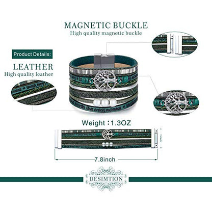 Desimtion Inspirational Tree of Life Boho Leather Wrap Bangle Bracelets for Women, Teen Girl Gifts Trendy Stuff, Fashion Accessories Jewelry Gifts for Women Girls - color: Green