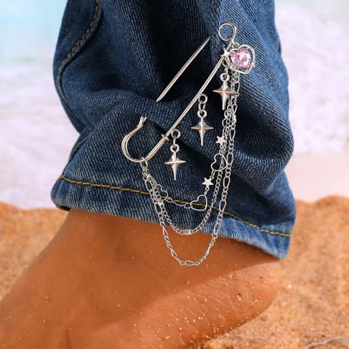 2 Pcs Chain Tassel Brooch Pins Set for Women Rhinestone Heart Flower Star Long Chain Bling Crystal Pearl Sweater Shawl Clips Punk Collar Chain Brooch Costume Jewelry - style: Style C