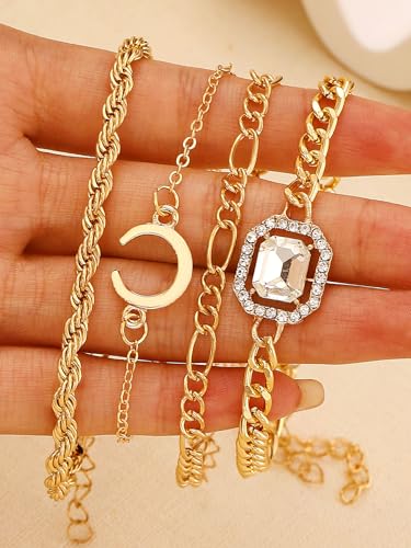 Alegend 14K Gold Plated Stackable Multilayer Bracelets + Titanium Steel(Not Rust, Resist Corruption, Easily Clean) 18K Gold Plated Single Bracelets - color: 14K Gold Plated Four-Layered
