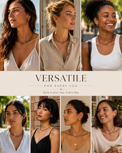 Natural Heishi Gemstone Choker Necklace for Women, Adjustable 15"+2" Beaded Layering Necklace, Coastal Beach Jewelry Gift for Her - color: Amethyst