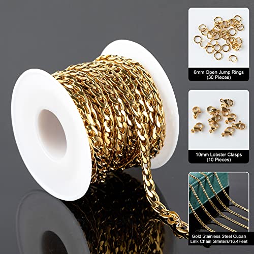 16.4 Feet Stainless Steel Gold Cuban Chains 5mm Twisted Links Chain Spool Necklace Chain Bulk with Open Jump Rings Lobster Clasps for Women DLY Bracelet Jewelry Making - color: Gold Twist _7.5x5mm