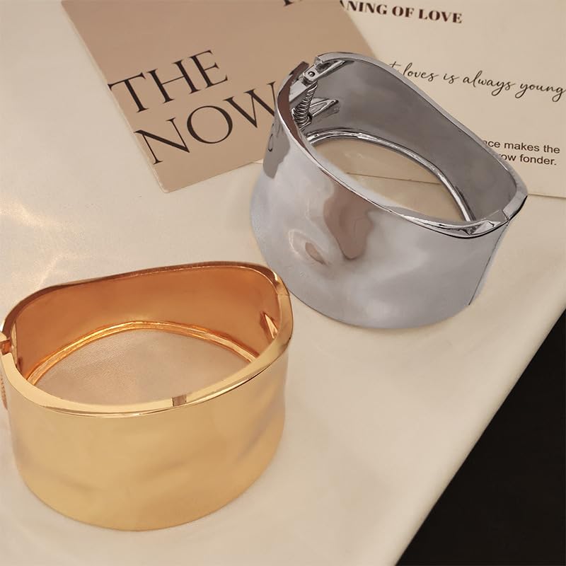 Gold Bangle Bracelet for Women | 14K Gold Plated Chunky Bracelet | Hinged Open Trendy Wide Bracelet for Women - color: silvery1
