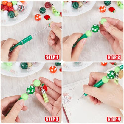 SUNNYCLUE DIY 12 Sets Beadable Pen with Beads Acrylic Making Kit Teacher Appreciation Gifts 20mm Rhinestone Bubblegum Beads Ballpoint Pen Making Kits for Office School Supplies - color: 12 Sets, Green & Red