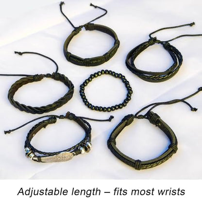 8Pcs Punk Leather Bracelet Set for Men & Women, 6Pcs Braided PU Cuffs, Necklace & Keychain, Adjustable, Stackable - style: Wings