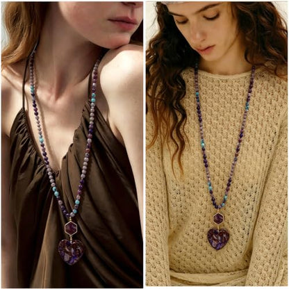 Yomisa Long Necklaces for Women Trendy, 33/34/35 inch | Boho Beaded Necklaces for Women, Natural Stone Pendant, Handmade Knotted Bead, Bohemian Holiday Summer Western Charm Jewelry - color: Love-Purple
