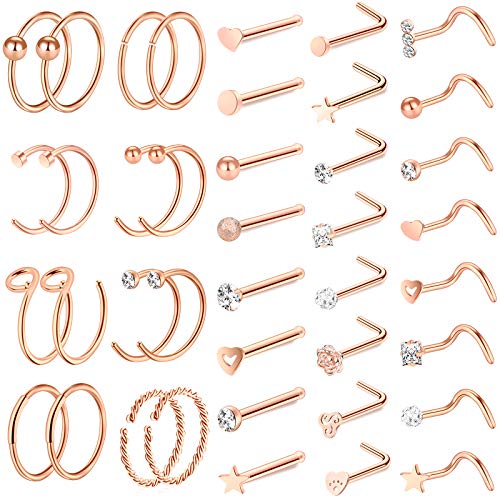 35-70 PCS 18G 20G Nose Rings for Women & Men - Gold Hoops, L Shape, Studs & Screw - 316L Surgical Stainless Steel - color: Color A-40pcs