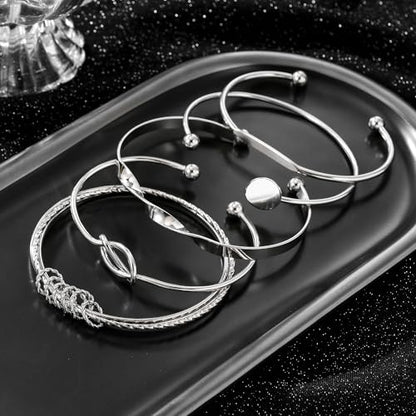 Gold Bangles for Women, 12 Pcs Boho Stackable Bracelets Multi Layer Textured Chunky Bracelets Jewelry Set for Women - color: 5 pcs silver bangles