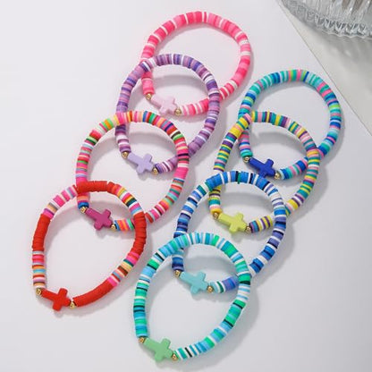 Heishi Surfer Clay Bead Bracelets Set for Women - Preppy Smile Evil Eye Beaded Stretch Bracelets Elastic Layering Friendship Bracelets- Stackable Boho Disc Summer Jewelry Set - color: COLORFUL CROSS