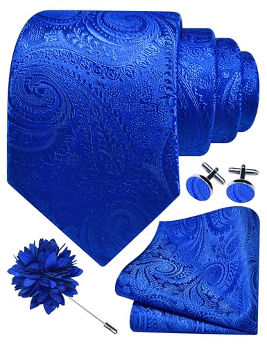 GUSLESON Paisley Tie Set for Men 3.15" Necktie Lapel Pin Hankerchief Cufflinks Set for Men - color: Royal Blue