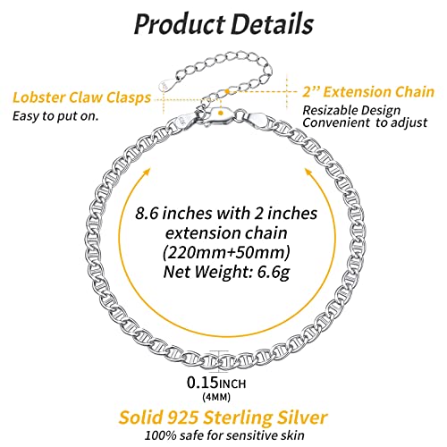 ChicSilver 925 Sterling Silver Ankle Bracelet for Women, Simple Cuban Link/Figaro/Twist Rope Chain Anklets for Beach Party(with Gift Box) - style: 11: Mariner Chain-4mm wide