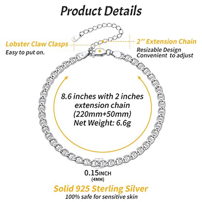 ChicSilver 925 Sterling Silver Ankle Bracelet for Women, Simple Cuban Link/Figaro/Twist Rope Chain Anklets for Beach Party(with Gift Box) - style: 11: Mariner Chain-4mm wide