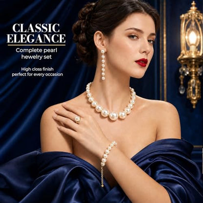 4 Pcs Pearl Necklace Set for Women, Large Faux Pearls Jewelry with Earrings Bracelet, Collar De Perlas Accessories Para Mujer