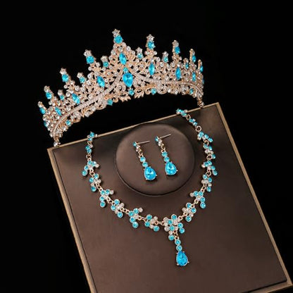Crystal Crown and Tiara Jewelry Set for Women Bride with Necklace Earrings | Metal Rhinestone Royal Queen Princess Jewelry Set Wedding Quinceanera Pageant Prom Birthday Halloween Party Costume Gift - color: Style E-Light Blue